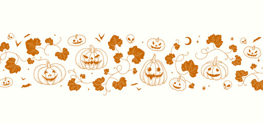 Happy halloween background or card template with hand drawn pumpkins and curly brunch