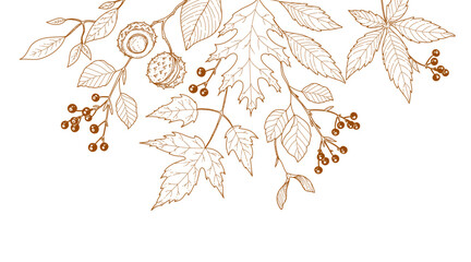 Autumn background or card template with seasonal brunch of plants and fall leaves. Delicate and elegant botanical elements for Hello autumn designs
