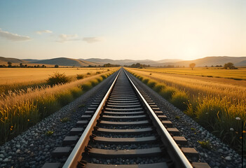 Fototapeta premium Golden Hour Journey: Endless Train Tracks Through Rural Fields