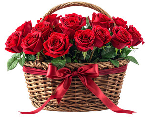Front View of Red Rose Basket with Decorative Ribbon, Isolated