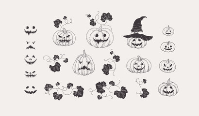 Happy Halloween set of hand drawn pumpkins with different faces and curly brunch with leaves. Set of spooky and magic