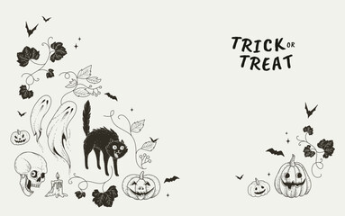 Happy halloween background or card template with hand drawn doodle and stickers of spooky and magic elements pumpkins and skull
