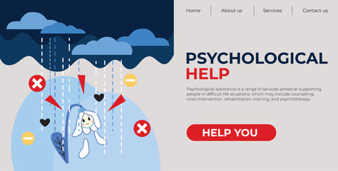 A website landing page for psychological help services, featuring a cartoon character in a stormy scene with a call-to-action button