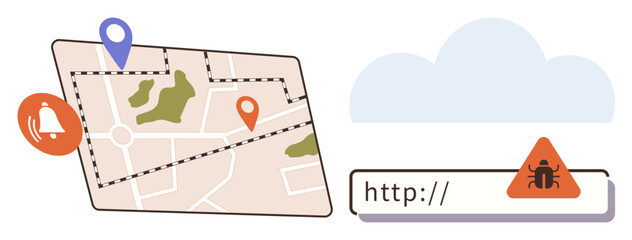 Naklejka premium Map with location pins and notification bell alongside URL bar and malware warning. Ideal for cybersecurity, privacy, navigation safety, online threats, data protection, phishing, simple flat
