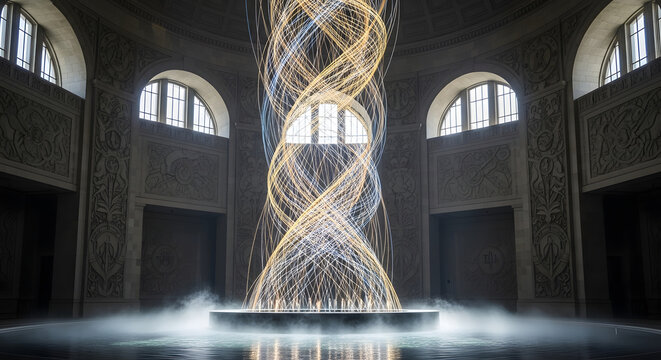Swirling light streams ascend from fountain in grand hall.