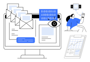 Computer interface with emails, binary data, and eye surveillance, fitness tracking with smart devices, and clipboard analytics. Ideal for cybersecurity, health tech, data management, IoT privacy