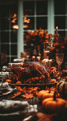 Golden-brown turkey is the centerpiece on a festive table, surrounded by candles, pumpkins, and vibrant autumn leaves. A warm, inviting atmosphere perfect for Thanksgiving