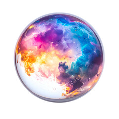 A clear sphere encapsulates a vibrant, swirling nebula of colors against a black background