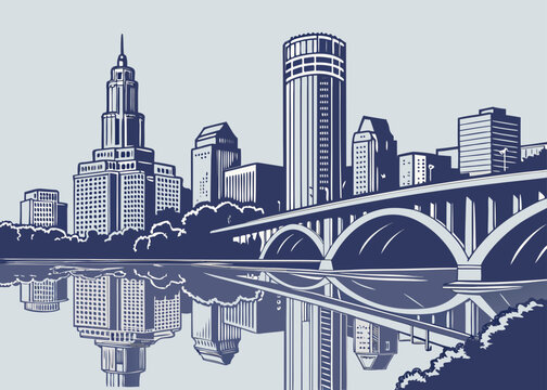Minneapolis skyline vector with river reflection, minimal modern art
