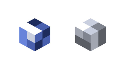 Abstract isometric pixel cubes in blue and gray shades representing technology, data, and digital innovation concepts.