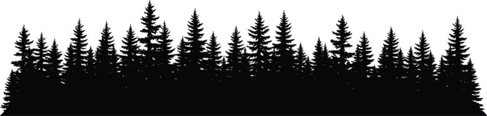 Dense forest silhouette, conifer tree line, pine woodland vector, nature background art, wilderness landscape, flat vector illustration, black white designDense forest silhouette, conifer tree line © Mehebub Creatives