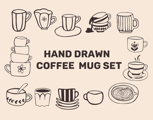 charming hand drawn coffee mug set featuring various cup and mug designs in a simple, vintage doodle style. Perfect for café branding, menu design, coffee shop logos, packaging, invitations.