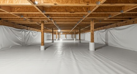 Clean Under House with Vapor Barrier and Wooden Beams - An showcasing a crawl space with a vapor barrier, wooden beams, and a clean environment.