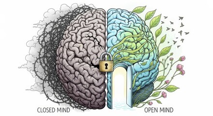 Open Mind Versus Closed Mind Concept - An illustration showing the contrast between an open and closed mind, depicted as a brain split in two