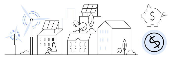Solar panels and wind turbines powering urban buildings surrounded by trees and savings icons. Ideal for sustainability, green energy, eco-living, finance, future city, environment, clean power