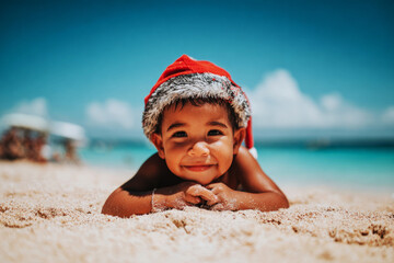 A joyful toddler, wearing a festive Santa hat, plays on the beach. The sun shines brightly as the child enjoys the warm sand and beautiful ocean view, spreading holiday cheer