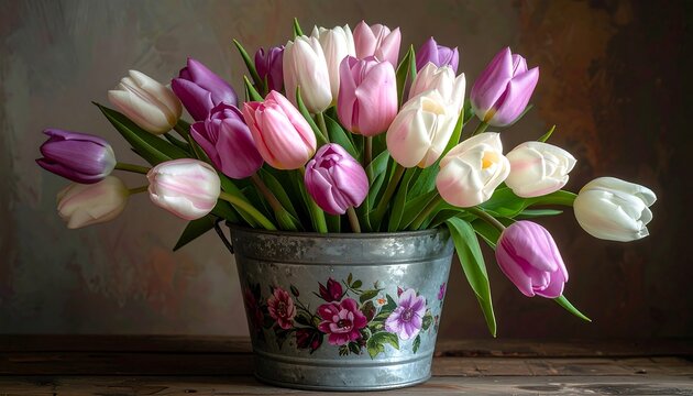 A rustic metal bucket holds a bouquet of purple, pink, and white tulips on a wooden surface against a soft background
