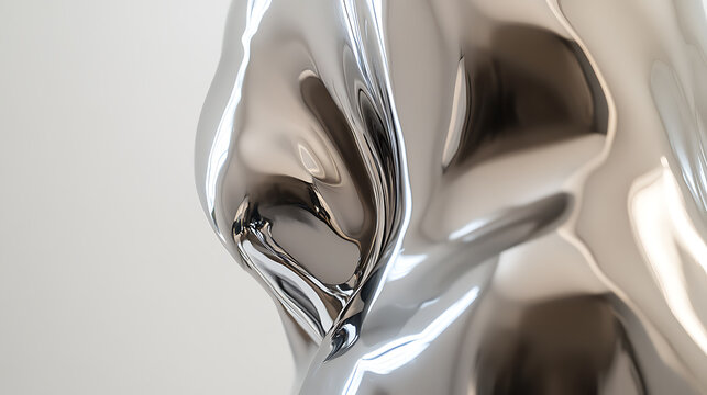 Abstract chrome sculpture. The reflective surface is highly polished, creating dynamic reflections and highlights. Minimalist aesthetic with curved contours.