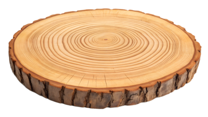 Circular wood slice showing tree rings, isolated on transparent background, macro detail, warm natural tone and wood grain.
