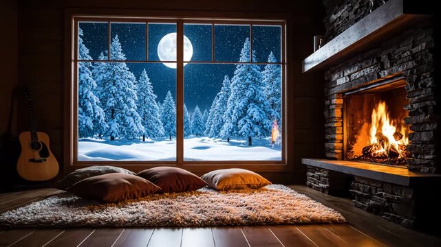 Cozy winter night scene viewed through a window, showing a snowcovered forest under a full moon, with a crackling fireplace inside