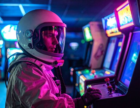 Retro Gaming Astronaut: An astronaut immerses themselves in the nostalgic world of vintage arcade games, illuminated by neon lights. A visual journey through space and time.