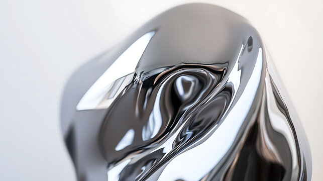 Abstract metallic sculpture with fluid, reflective curves. Elegant design for modern art and design concepts. Chrome-like finish, distorted reflections.
