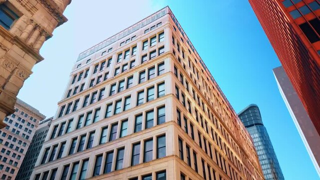 High-rise building in the dense cityscape of Pittsburg, Pennsylvania, USA. Low angle view at the architecture in the city downtown.