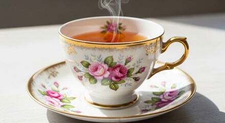 Elegant Floral Teacup and Saucer Gold Trim Close Up Design - A beautiful, elegant porcelain teacup and saucer with floral design, gold trim, and steam, symbolizing comfort, relaxation, and