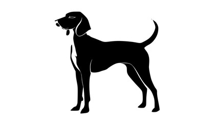 a black and white silhouette of a dog, specifically a pointerblack, dog, illustration, image, pointer, profile, stand 