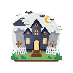 Spooky haunted house illustration featuring bats, a full moon, and eerie clouds, surrounded by a white picket fence and tombstones, perfect for Halloween-themed designs