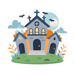 Spooky haunted house illustration featuring bats, tombstones, and autumn foliage, creating an eerie atmosphere perfect for Halloween-themed designs and decorations