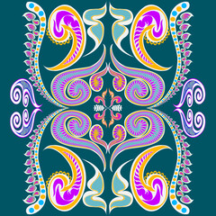 Fototapeta premium Colorful paisley floral pattern with intricate details and symmetrical design. Decorative vector ornament inspired by Indian and bohemian style, perfect for fabric, wallpaper, and textile design