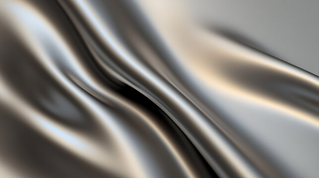 Abstract Metallic Fabric: Smooth, shiny, rippled silver and gray fabric creates a luxurious and modern background with flowing, elegant curves.
