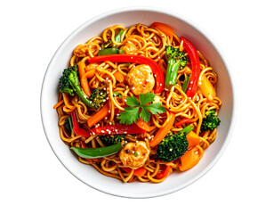 Untitled design - Top-Down View of Chow Mein in White Bowl, Colorful Vegetables, Transparent Background