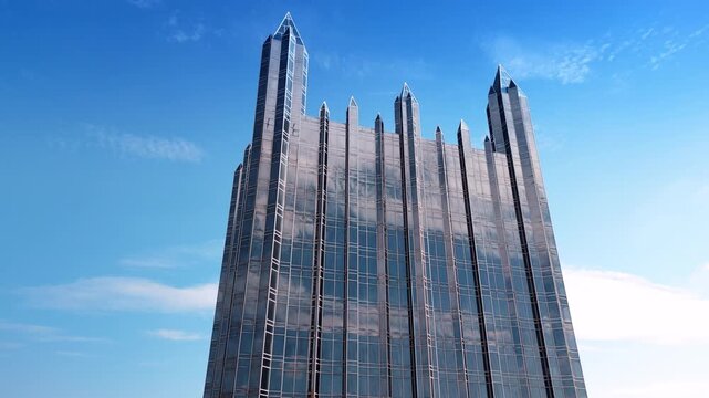 Top of the building with pointed towers. Low angle view at One PPG Place in Pittsburg, Pennsylvania, USA.