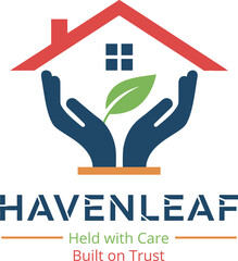 Havenleaf logo featuring house green leaf held with care trust