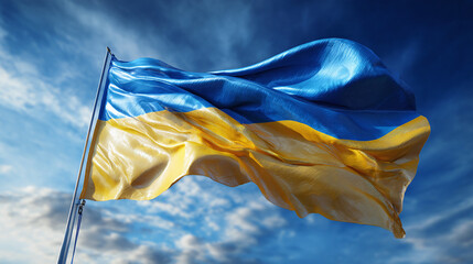 3d render, waving blue-yellow Ukrainian flag, clear blue sky abstract background