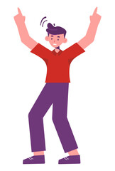Animated character with raised arms showing excitement and joy on a white background.