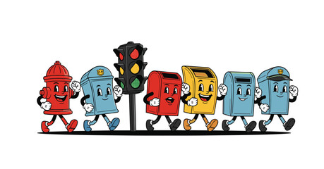 Whimsical cartoon mascots of urban objects walking together could represent civic engagement, community, or public service announcements, for kids or adults