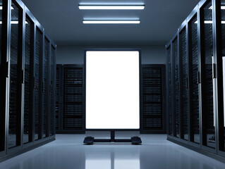 Modern data center server room with blank digital screen