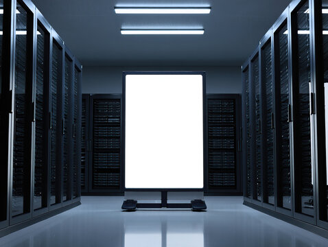 Modern data center server room with blank digital screen