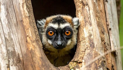 Obraz premium A primate with striking orange eyes peers from a hollow in a weathered tree trunk. Its fur is a mix of brown, tan, and black. The soft background is blurred