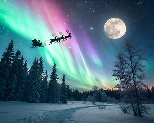 Santa Claus riding a sleigh across a snowy Christmas night sky