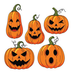 Five spooky jack o lantern pumpkins for halloween decorations vector