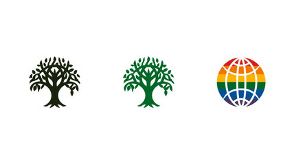 Stylized black and green tree icons with a vibrant rainbow colored globe symbol representing nature, growth, and diversity on a clean white background.
