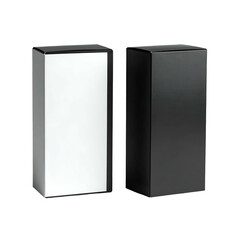 Two rectangular, upright packages with glossy finishes; one white, one black. Both stand on end