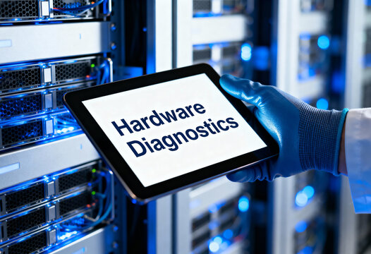 Tablet showing "Hardware Diagnostics" held by a technician in a glowing server room.
