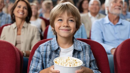 A smiling boy holds a bucket of popcorn while enjoying a movie with a diverse audience in a cinema.