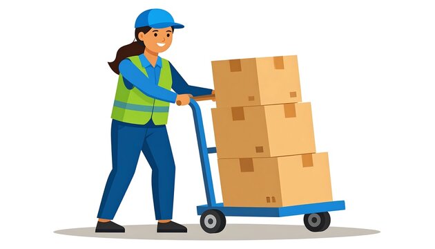 A smiling female delivery worker, wearing a uniform and cap, pushes a trolley loaded with three stacked cardboard boxes - Powered by Adobe
