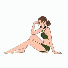 Stylish and Relaxed Young Woman in Elegant Green Bikini Sitting Gracefully in a Casual Pose for Summer Beachwear Fashion Illustration